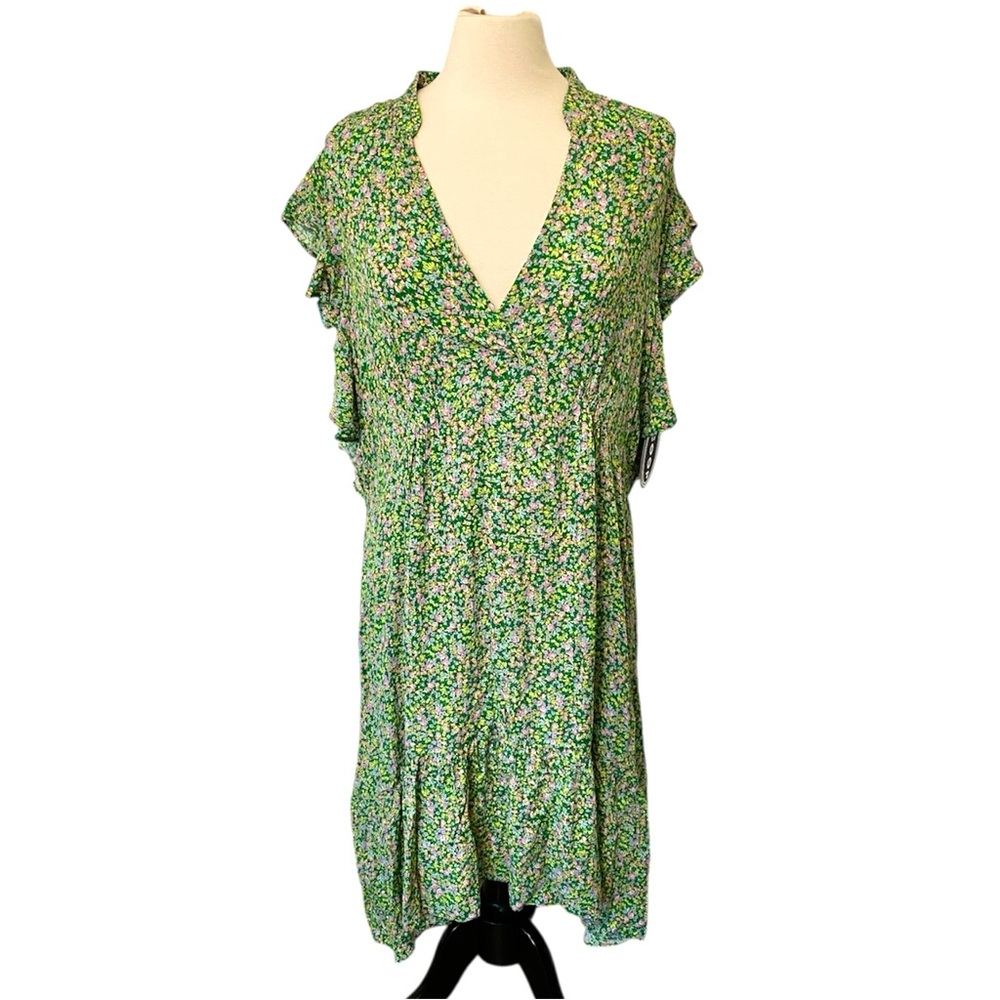 Scoop Green Floral Midi Dress XXL Flutter Sleeve Boho Ruffle Hem NWT